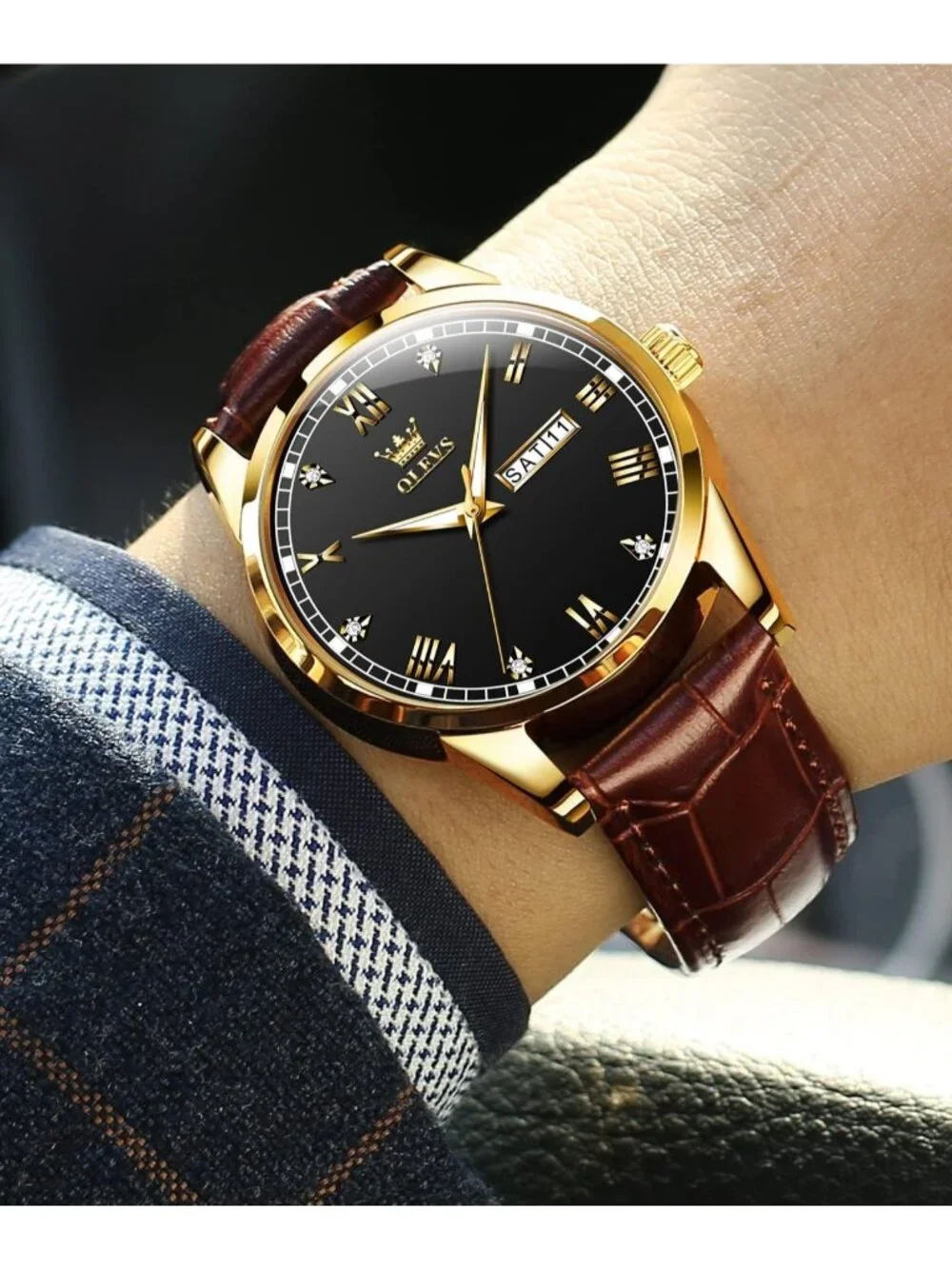 Men's Brown Strap Gold Shell Black Face Leather Band Quartz Waterproof Watch